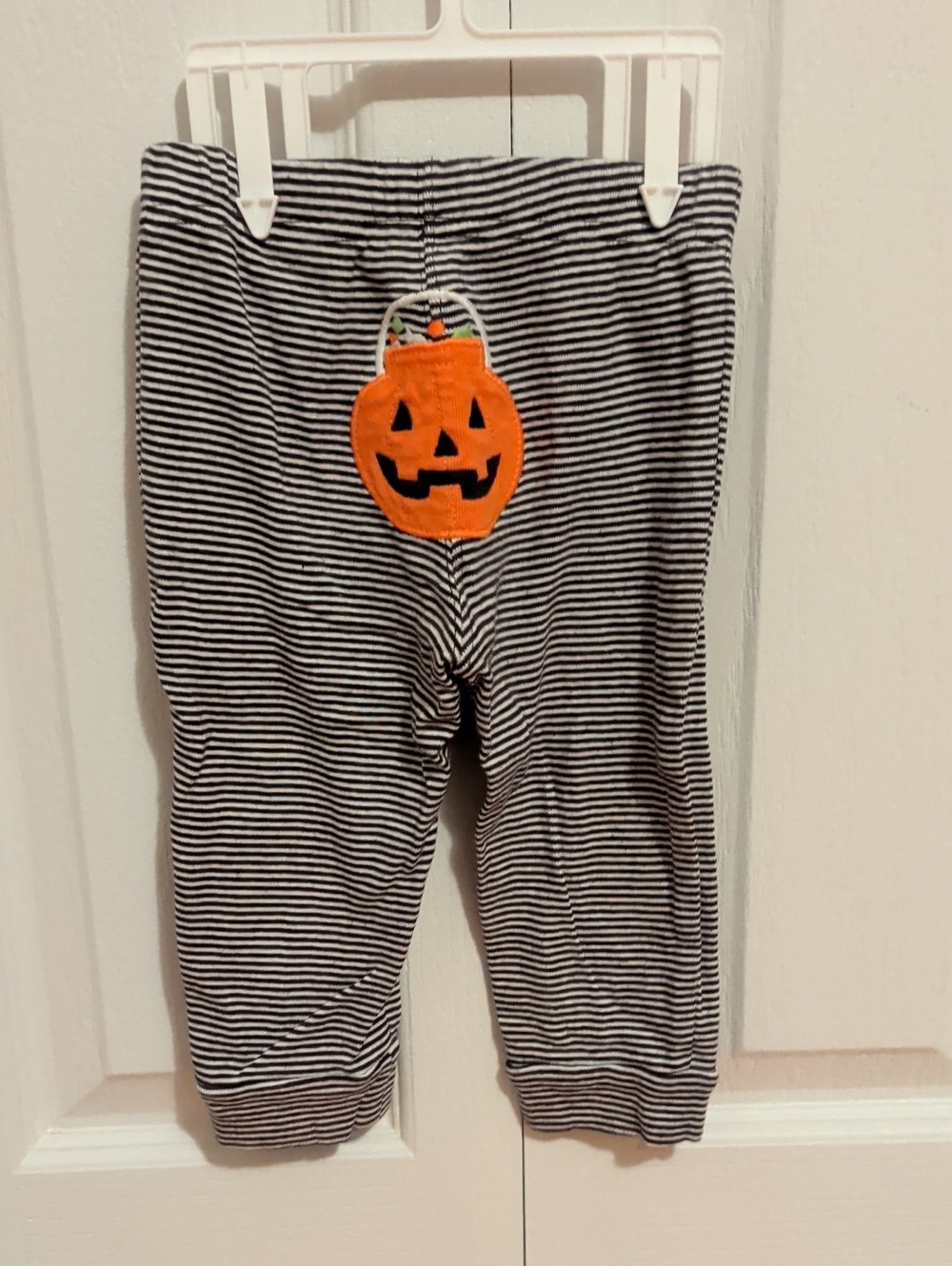Striped Black & White Kids Pants with Orange Pumpkin Applique